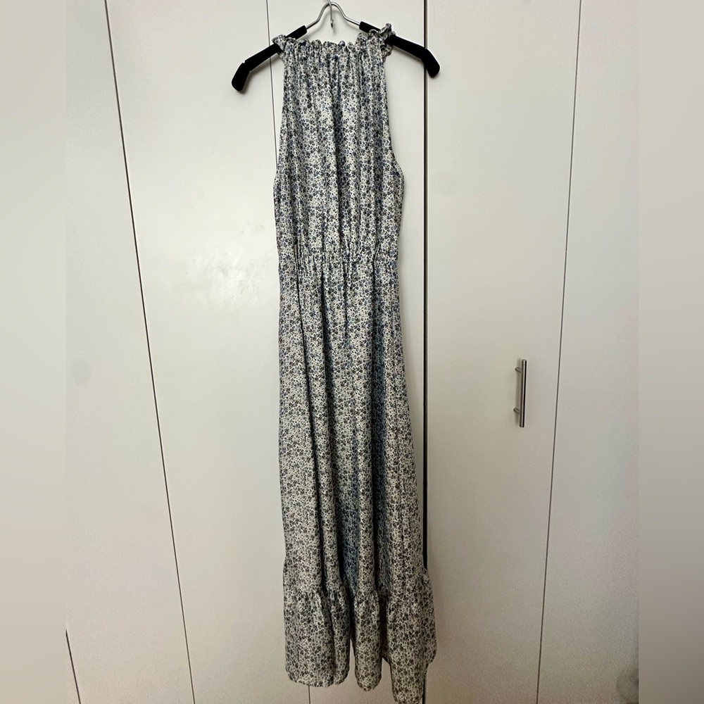 Zara Blue and White Floral Halter Satin Maxi Dress with High Low Hem Size S - Picture 5 of 8